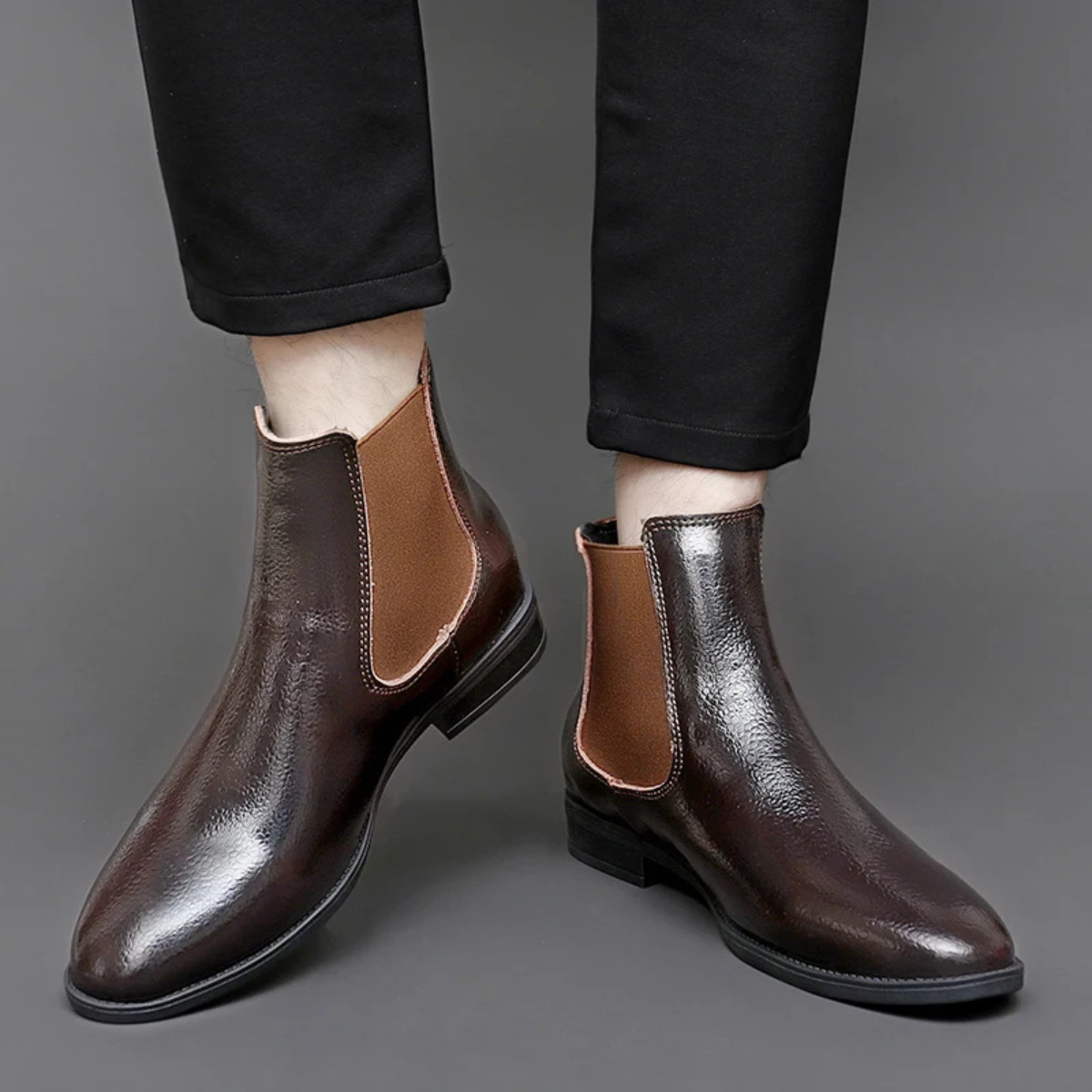 Men's Leather Chelsea Boots Elastic Panel Black