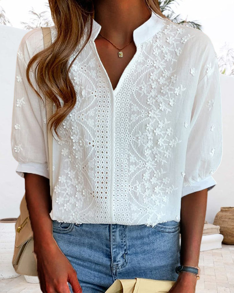 Women's Embroidered Blouse Notch Neck Puff Sleeves Eyelet White