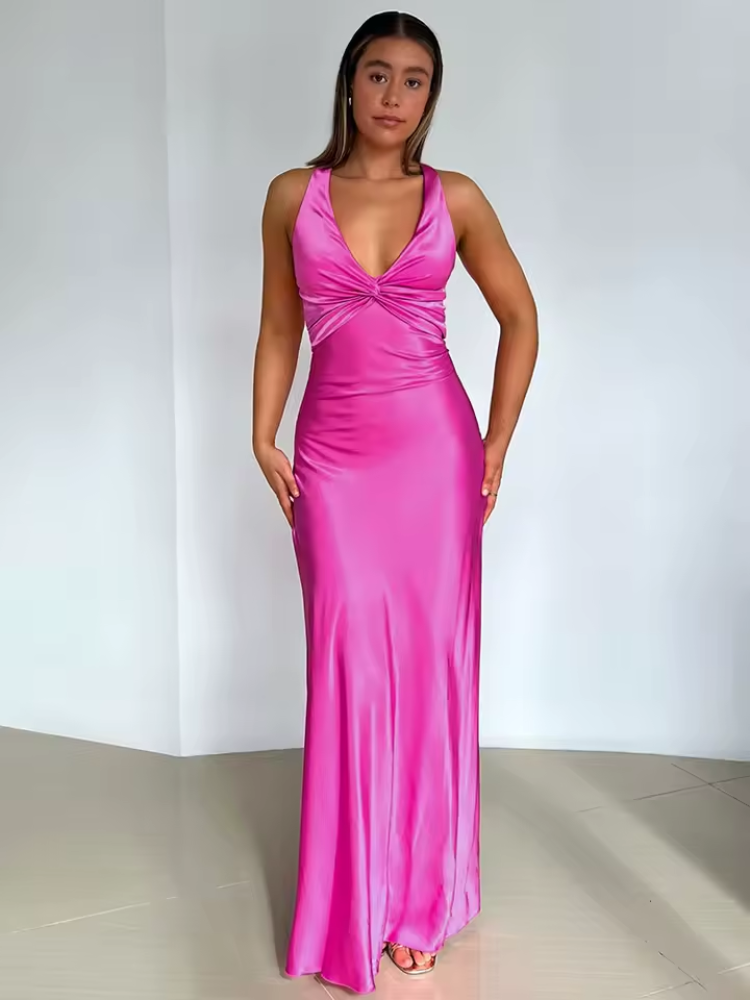 Twist-Front V-Neck Maxi Dress for Flattering Fit