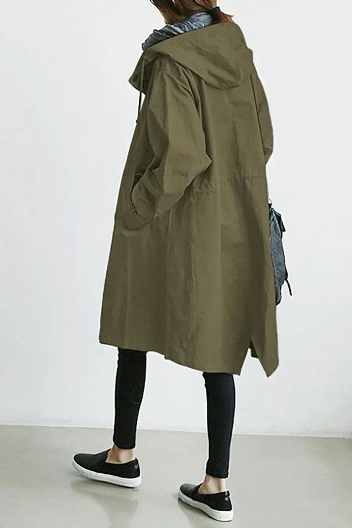 Women's Hooded Trench Coat Oversized Cotton Button Front Beige