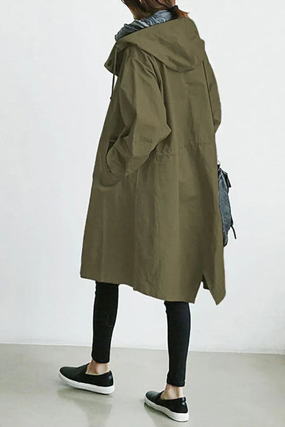 Women's Hooded Trench Coat Oversized Cotton Button Front Beige