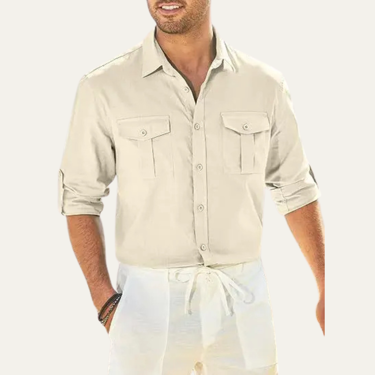 Men's Cotton Linen Cargo Shirt Double Pocket Button Up