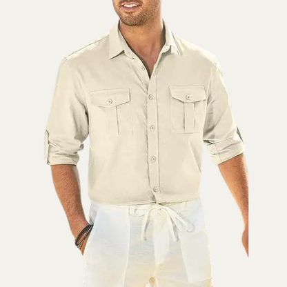 Men's Cotton Linen Cargo Shirt Double Pocket Button Up