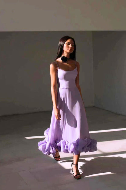 Ruffled Hem Spaghetti Strap Midi Dress