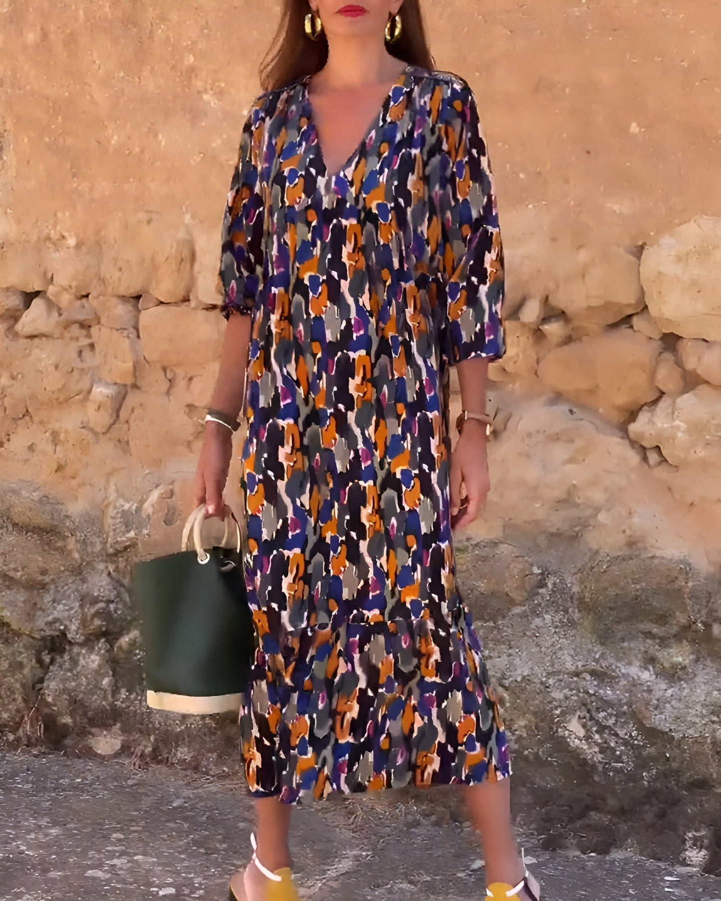 Women's V Neck Tummy Control Printed Evening Dress