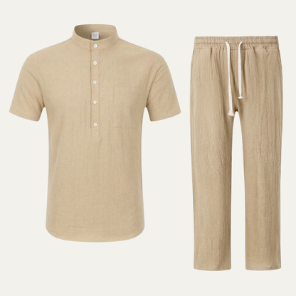 Mens Cotton Linen Polo Shirt And Pants Set Lightweight