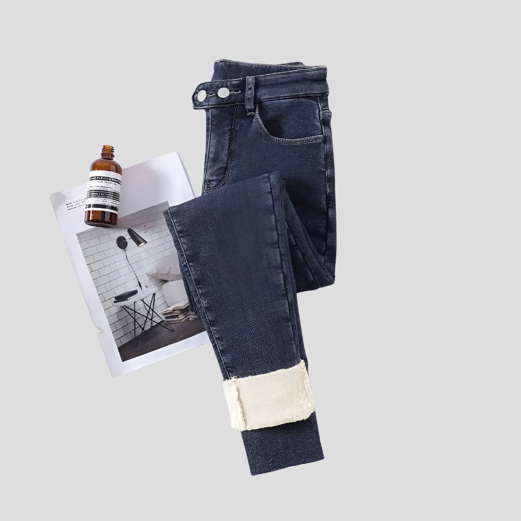Women's High Waist Winter Jeans Thermal Lined Dark Blue