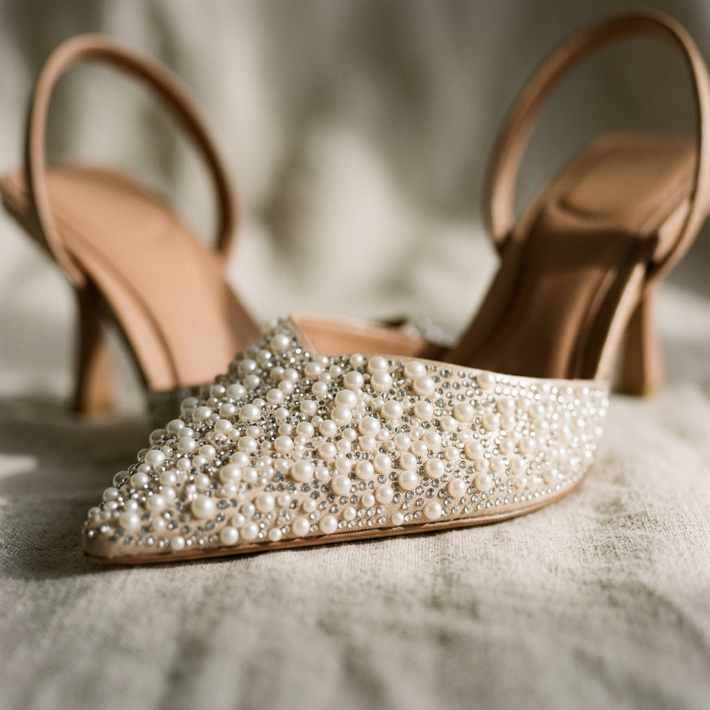 Women's Pointed Toe Slingback Pumps Pearl Rhinestone Accents