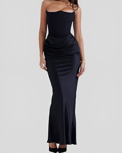 Women's Strapless Maxi Dress Corset-Seam Straight Skirt