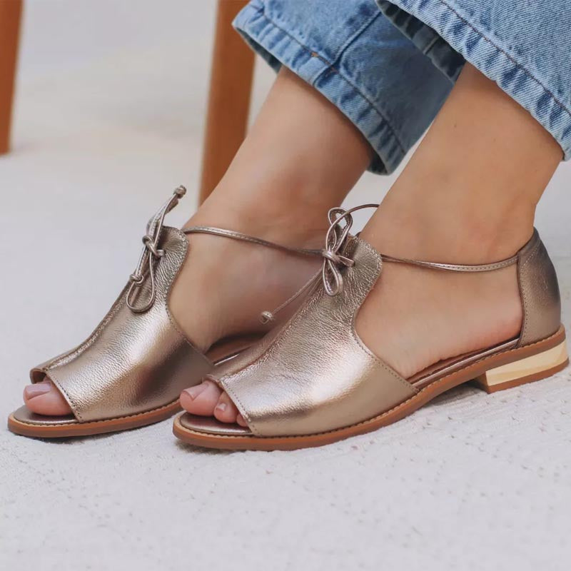 Women's Flat Sandals Metallic Bow Tie Strap Open Toe