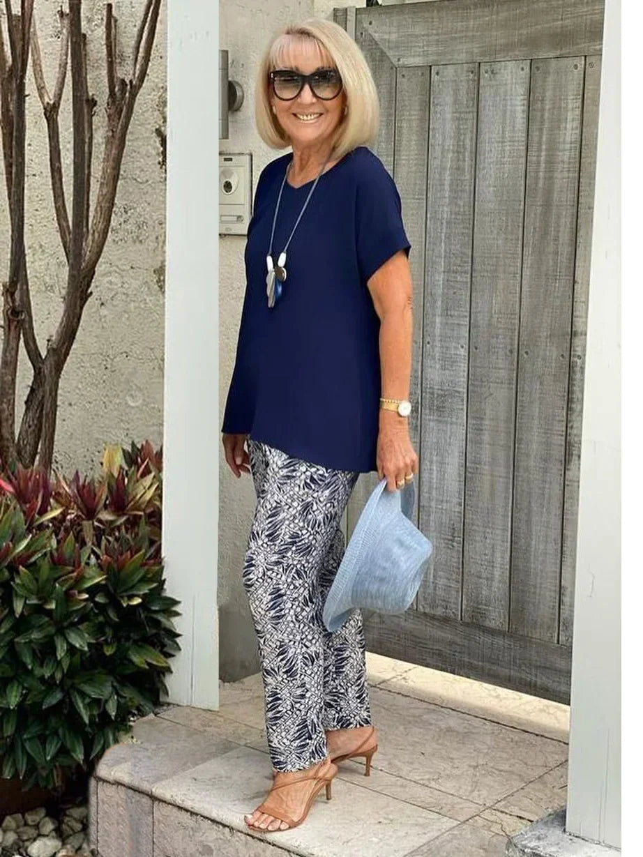 Women's Short Sleeve Patterned Two Piece Set