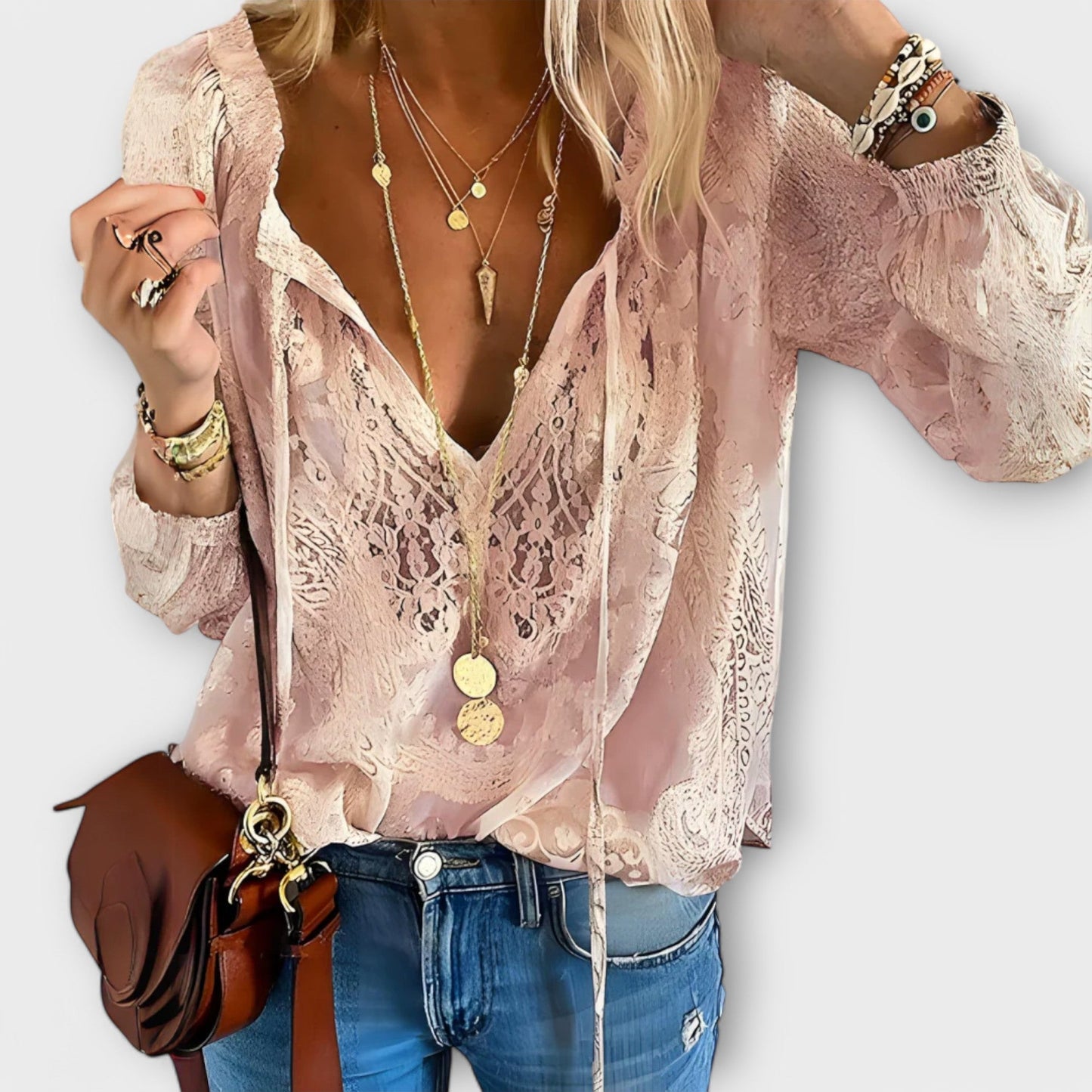 Women's Lace V-Neck Long Sleeve Blouse