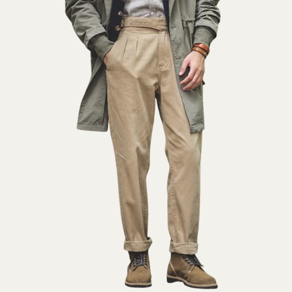 Men's High Waisted Cargo Pants Vintage Style Cotton Tan