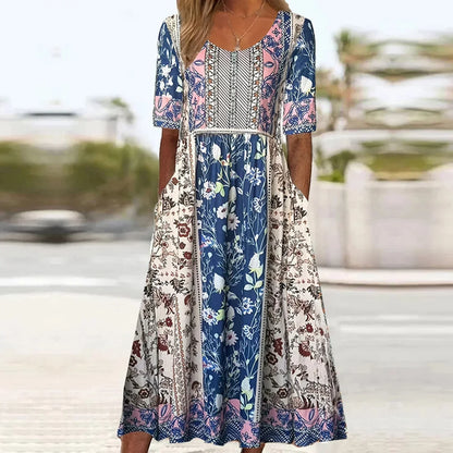 Women's Bohemian Print Dress Round Neckline