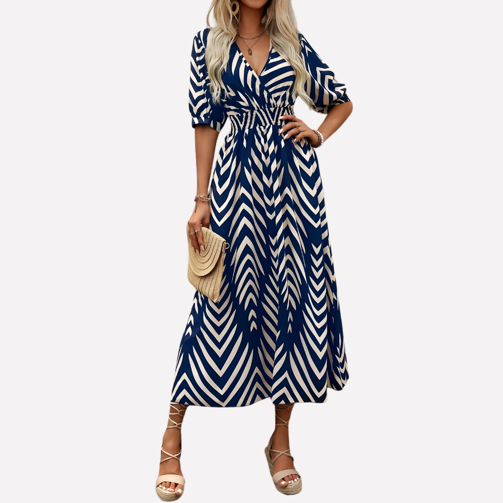 Women's V-Neck Leaf Print Dress - Fashinoza