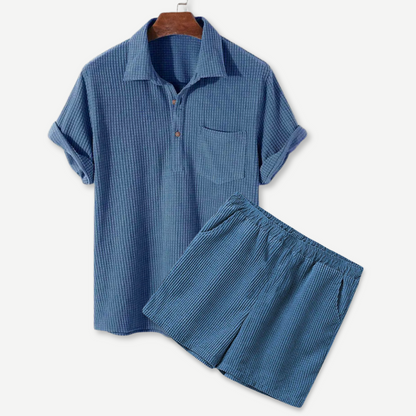 Men's Waffle Polo Shorts Set - 
Fashinoza