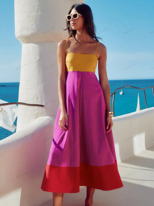 Women's Color Block Spaghetti Strap Summer Dress - 
Fashinoza