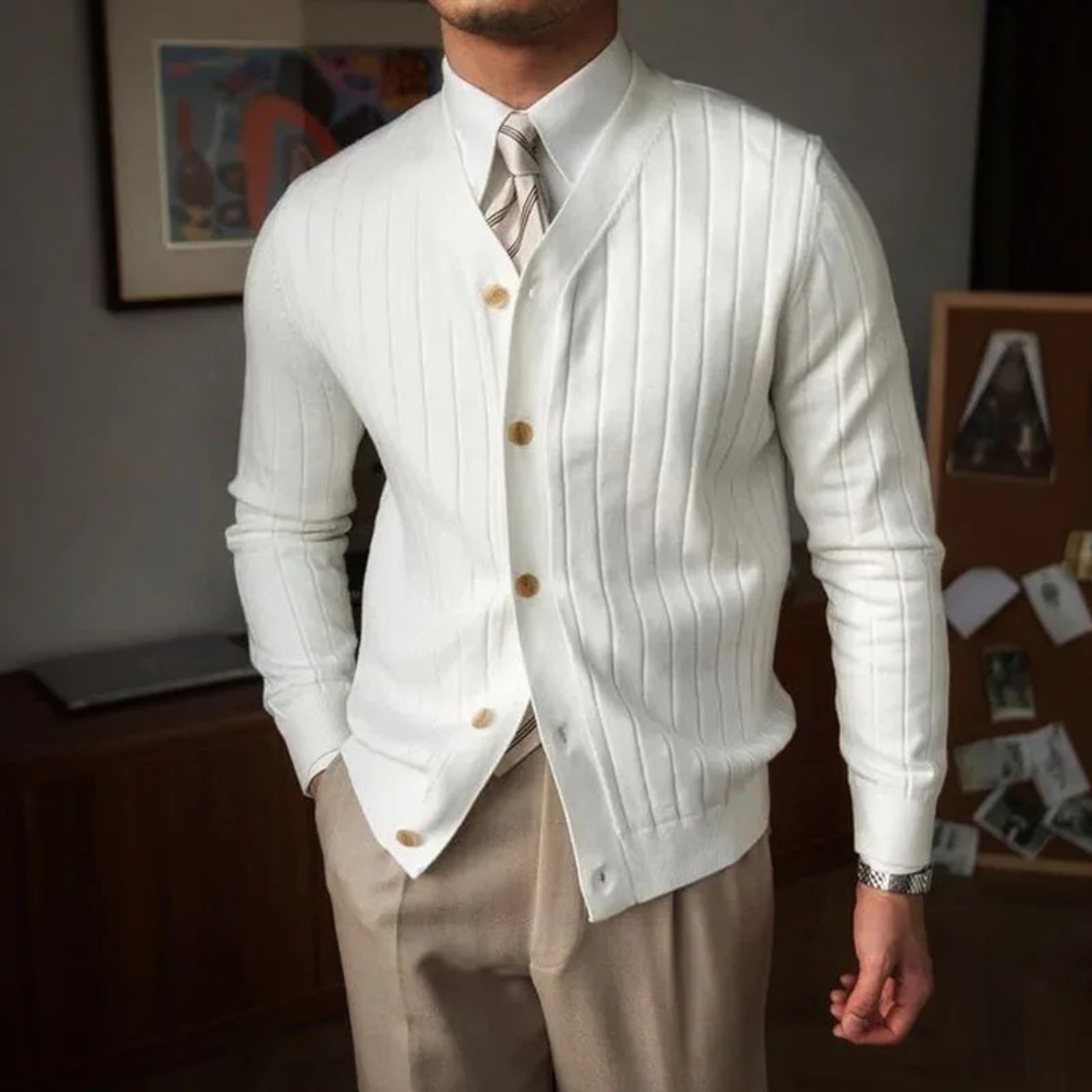 Men's Knit Cardigan Ribbed Button Up Beige