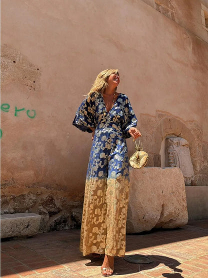 Women's V-Neck Backless Jumpsuit Gradient Print - Fashinoza
