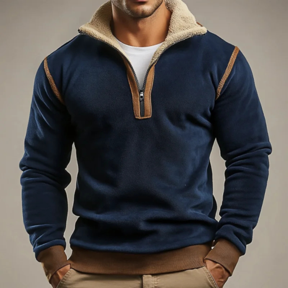 Men's Suede Quarter Zip Sweater Patchwork Brown