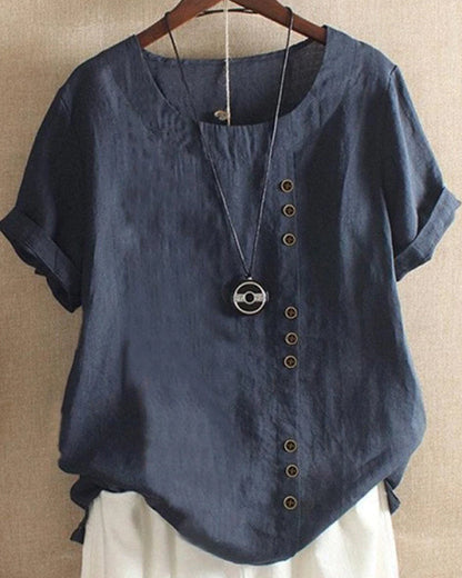 Women's Short Sleeve Blouse Cotton Button Front Rolled Cuffs