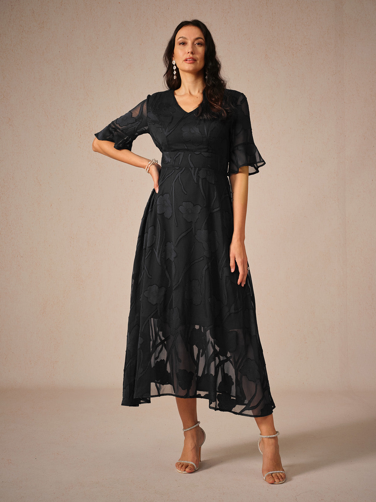 Women's Midi Dress Flutter Sleeves Lace Detailing - 
Fashinoza