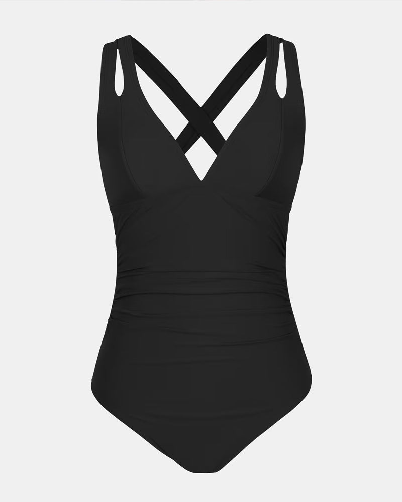 Women's One-Piece Swimsuit Deep V-Neck Double Straps Ruched