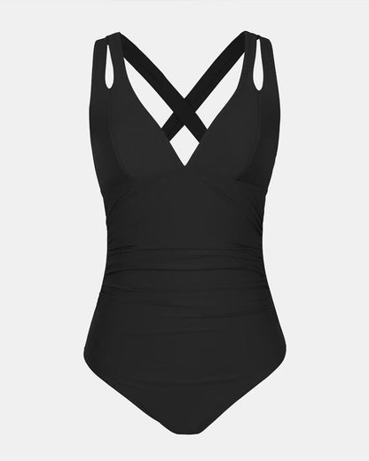 Women's One-Piece Swimsuit Deep V-Neck Double Straps Ruched