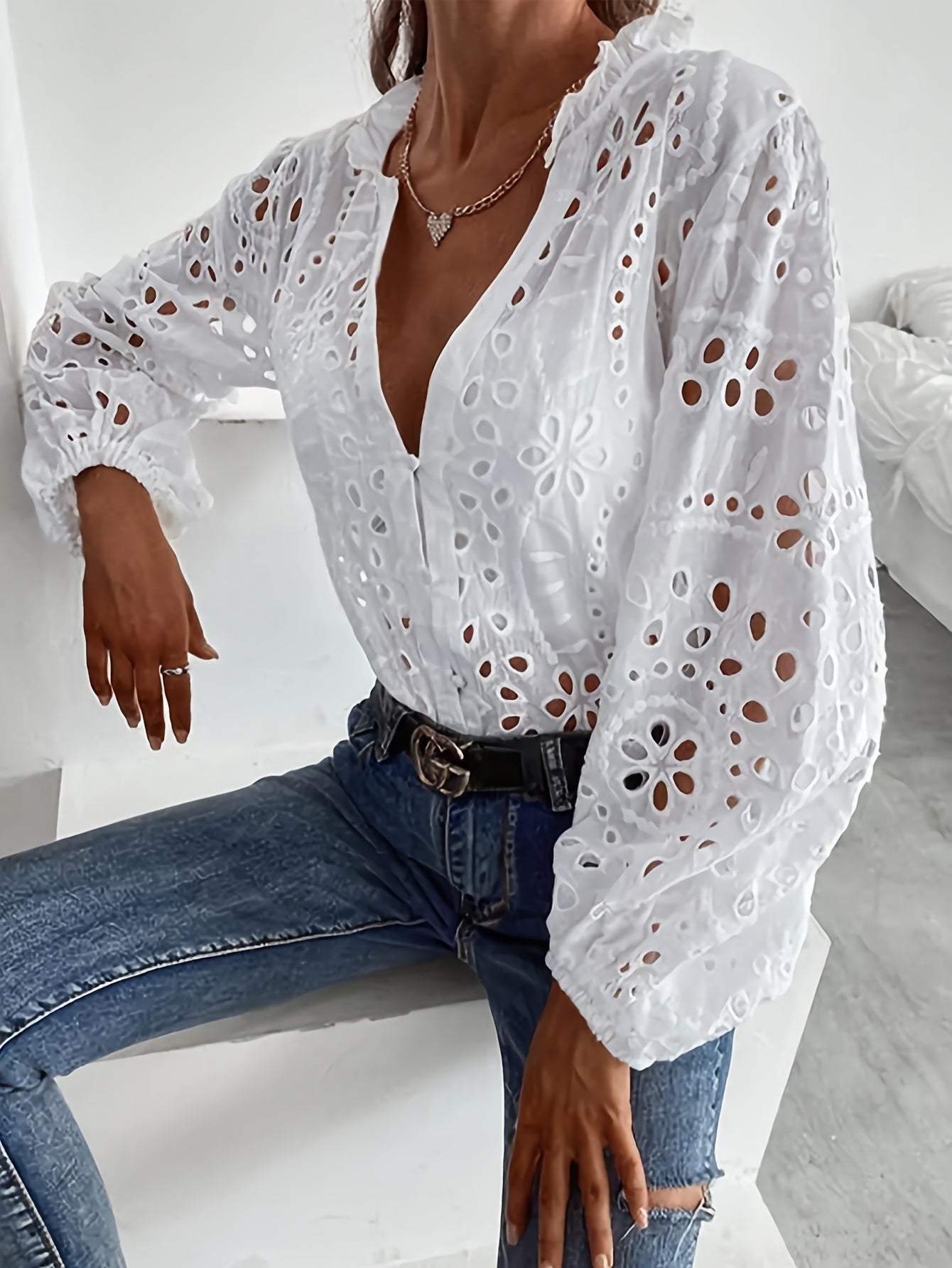 Women's Deep V-Neck Long Sleeve Blouse