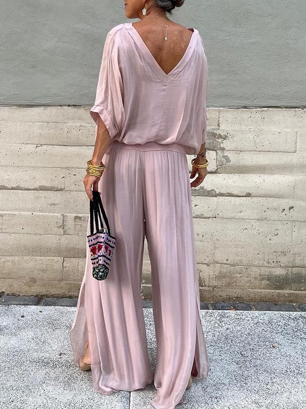 Women's V-Neck Jumpsuit Wide Leg Batwing Sleeve 2 Piece