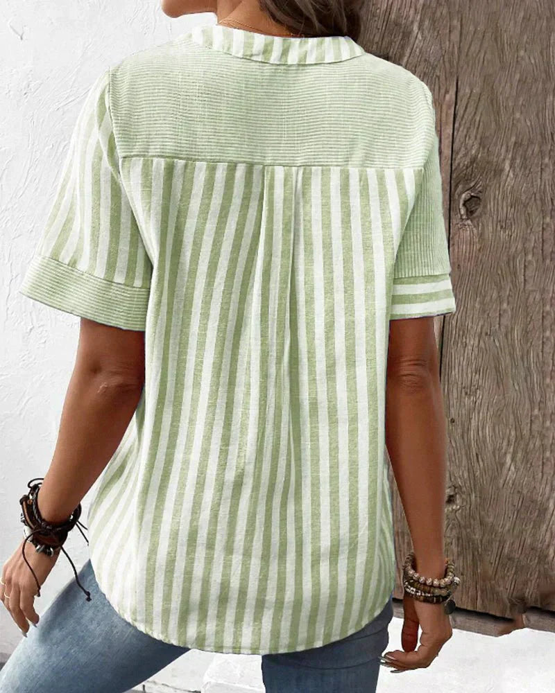 Women's Striped Short Sleeve Henley Blouse
