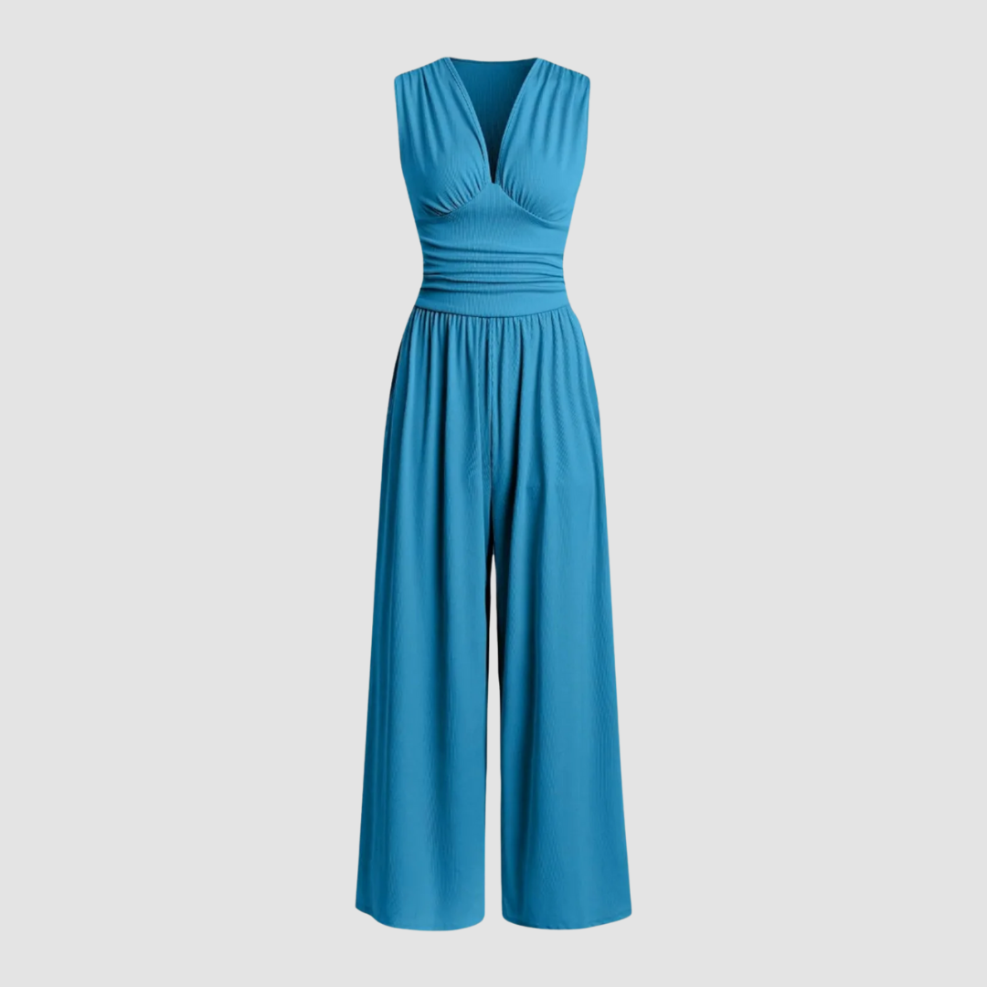 Women's Sleeveless Jumpsuit V-Neck Pleated Waist