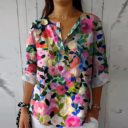Women's Floral V-Neck Blouse Half Sleeve