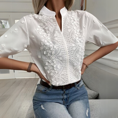 Women's Embroidered Blouse Floral Mandarin Collar