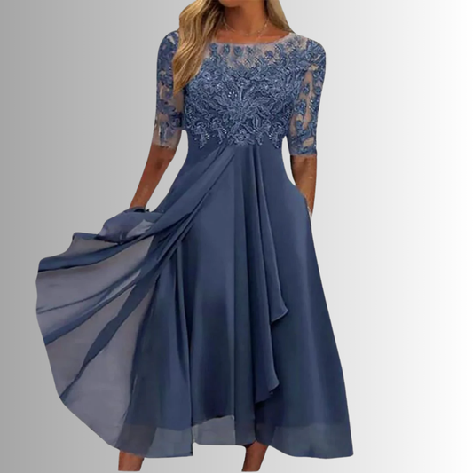 Women's Lace Midi Dress Round Neck Half Sleeves - 
Fashinoza