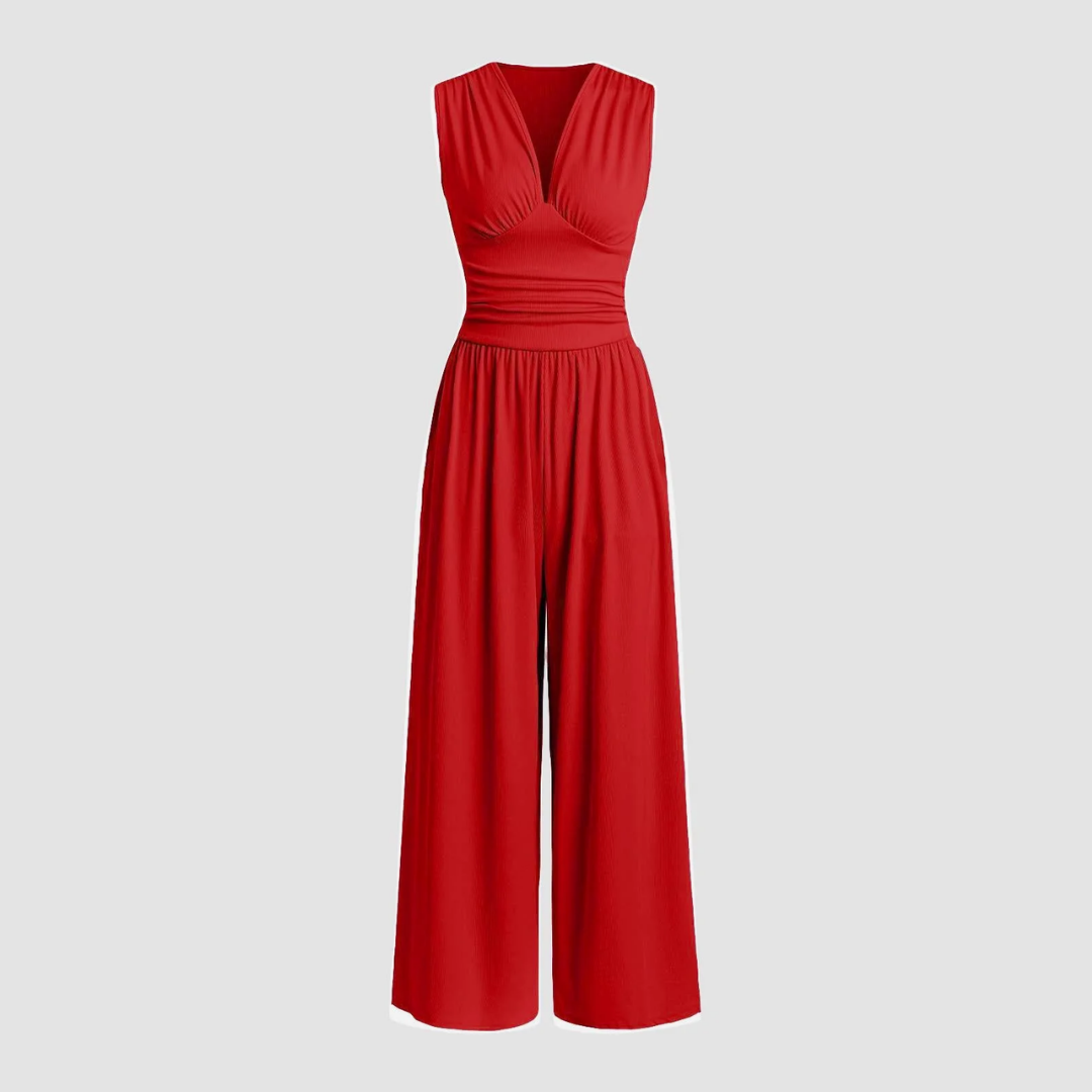 Women's Sleeveless Jumpsuit V-Neck Pleated Waist - Fashinoza
