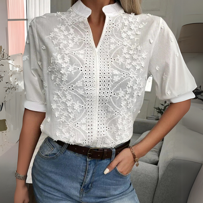 Women's Embroidered Blouse Floral Mandarin Collar - Fashinoza