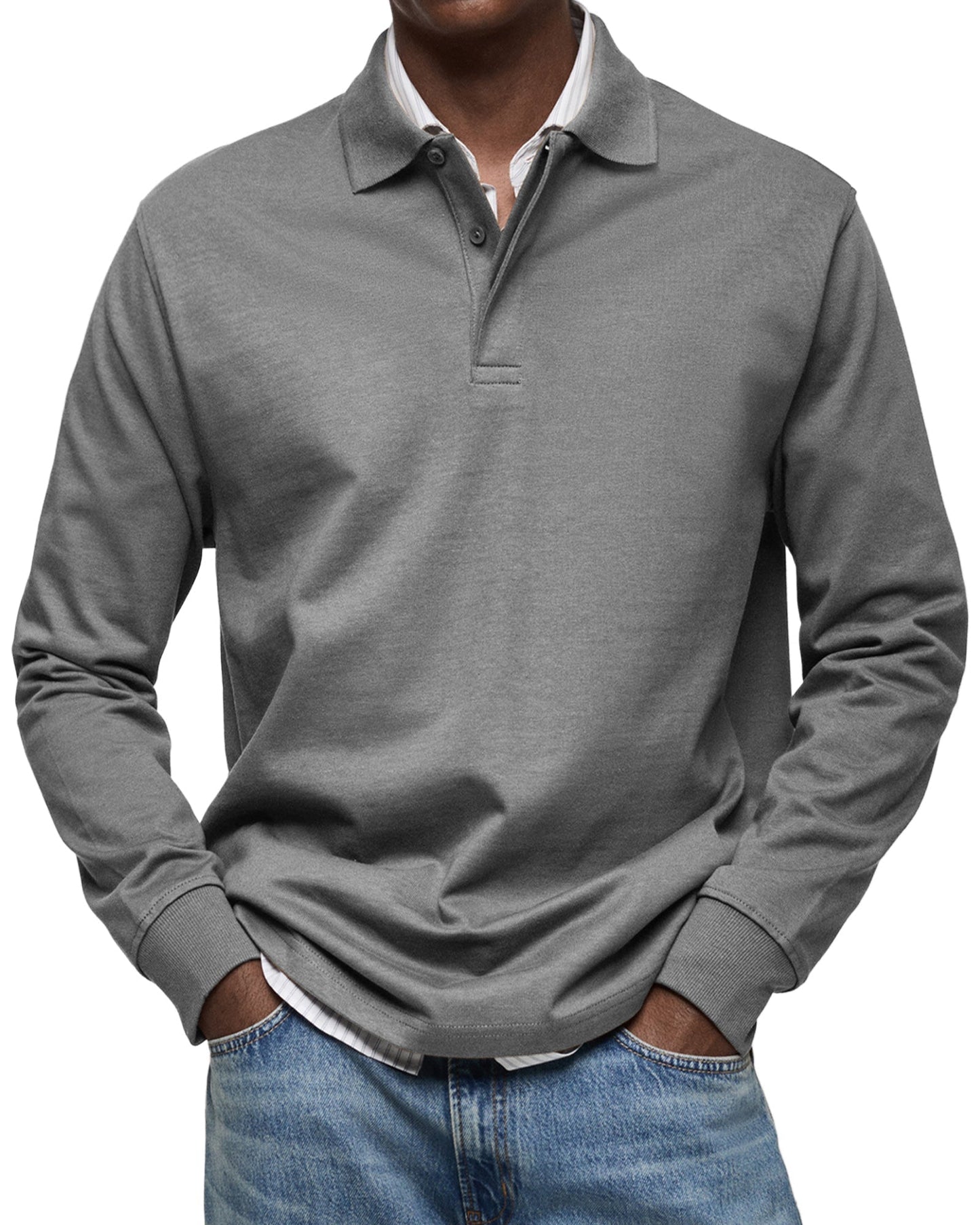 Men's Long-Sleeve Polo Shirt Cotton Button Collar