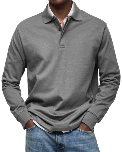 Men's Long-Sleeve Polo Shirt Cotton Button Collar