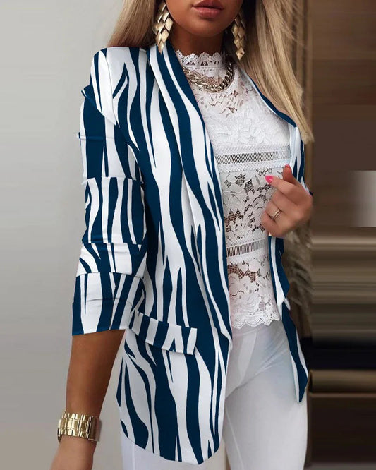 Women's 3/4 Sleeve Open Front Printed Blazer - Fashinoza