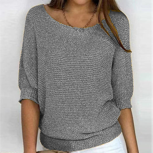 Women's Relaxed Fit Sweater Round Neck 3/4 Sleeve - Fashinoza