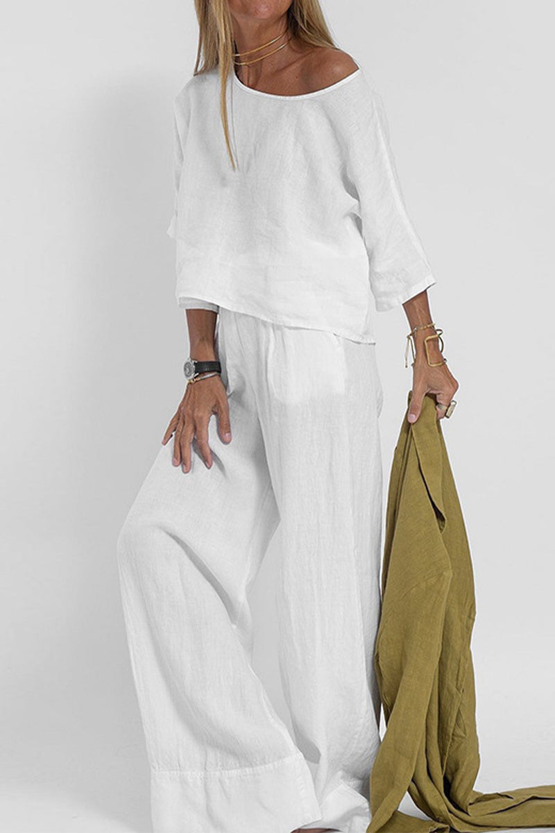 Women's Relaxed Two-Piece Linen Wide-Leg Pants Set
