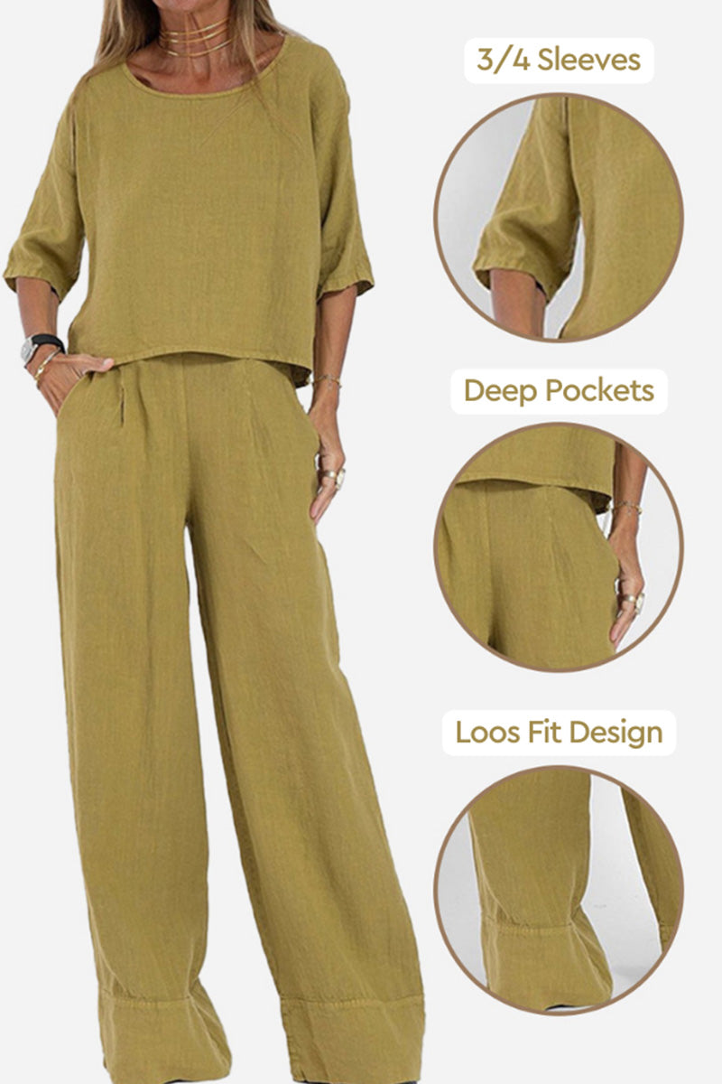 Women's Relaxed Two-Piece Linen Wide-Leg Pants Set