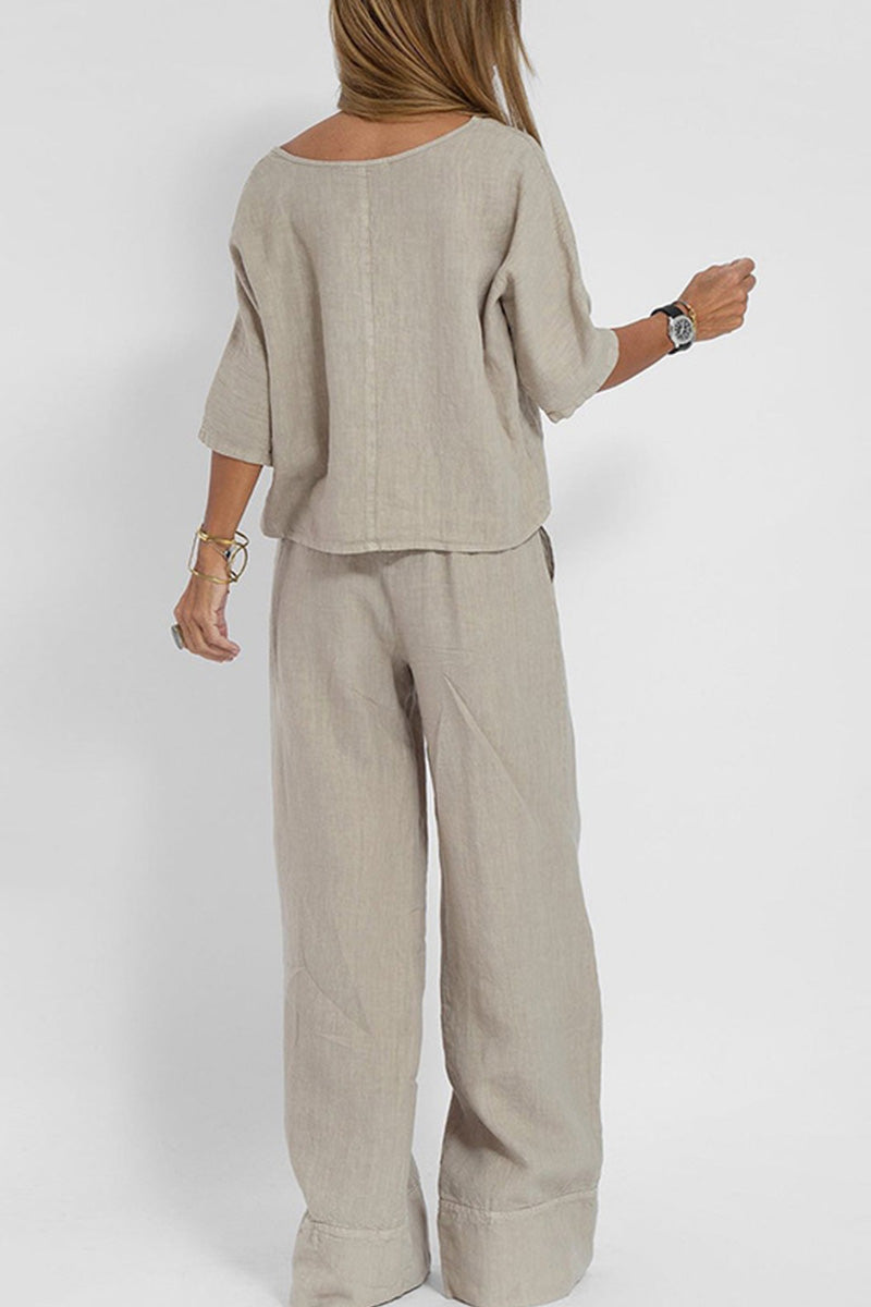 Women's Relaxed Two-Piece Linen Wide-Leg Pants Set