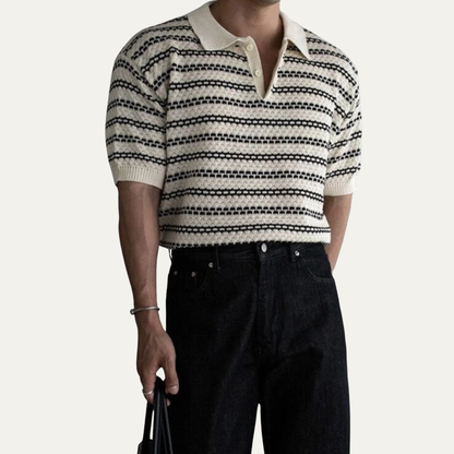 Men's Striped Polo Shirt Turn Down Collar Knit