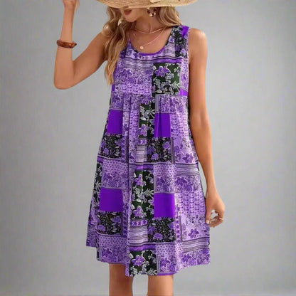 Women's Boho Patchwork Mini Dress Sleeveless