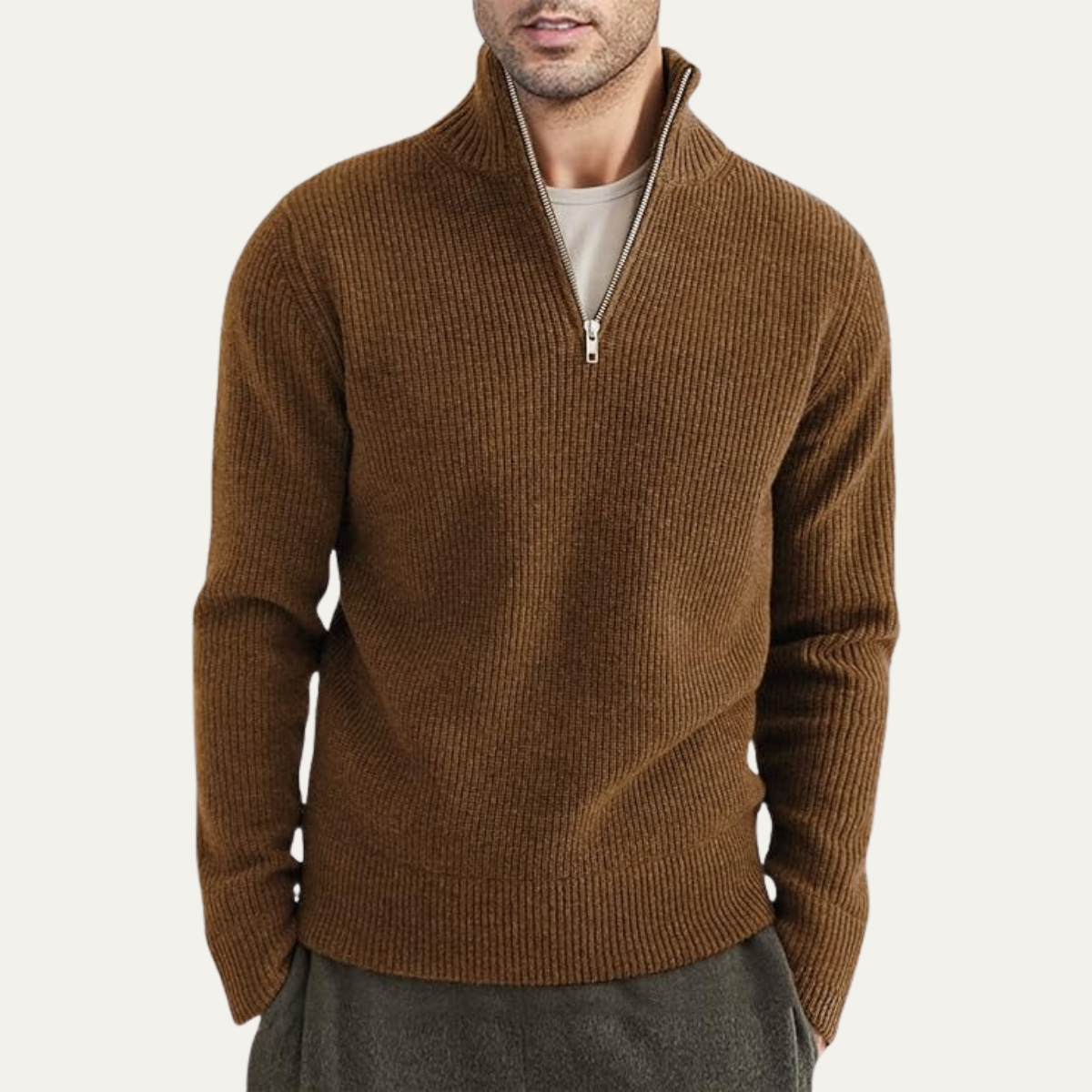 Men's Quarter Zip Ribbed Sweater Casual Knit