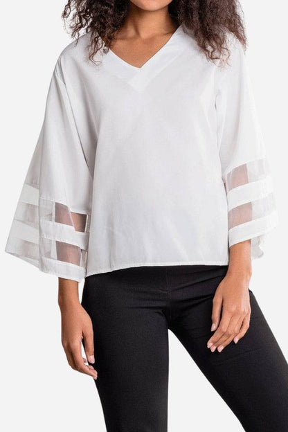 Women's V-Neck Blouse Mesh Detail Bell Sleeves - Fashinoza