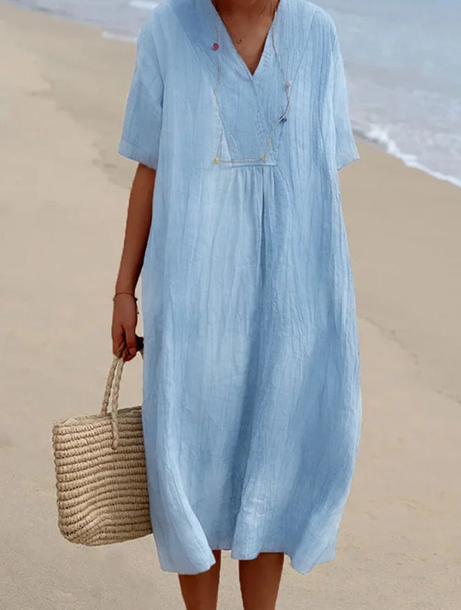 Women's Relaxed Fit V-Neck Short Sleeve Beach Dress