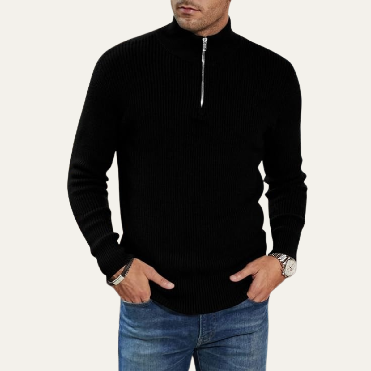 Men's Quarter Zip Ribbed Sweater Casual Knit